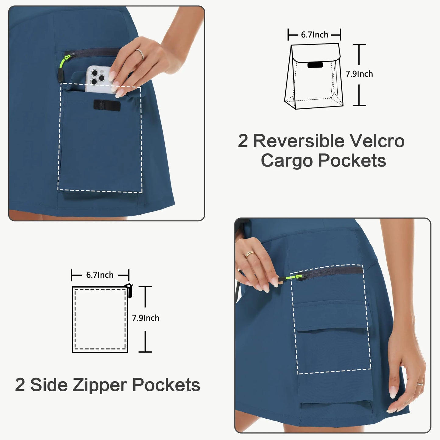 Women's Hiking Cargo Skort Skirt High Waisted Golf Dressy Casual with Zipper Pockets Workout Sport Quick Dry Skirts Navy Blue X-Small