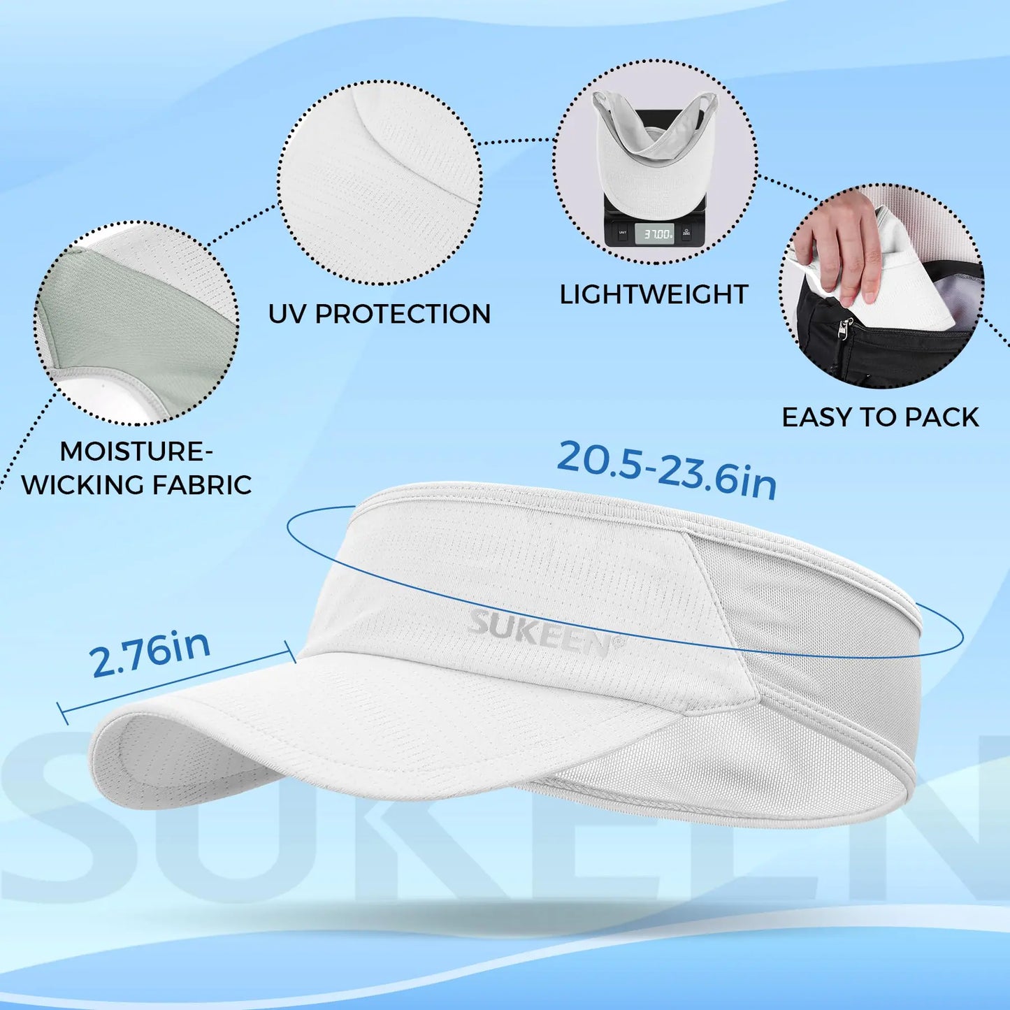 Sukeen Sports Sun Visor Men Women Lightweight Packable Cooling Stretchy Visor Hat for Running, Tennis, Golf One Size White