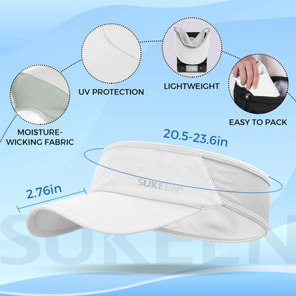 Sukeen Sports Sun Visor Men Women Lightweight Packable Cooling Stretchy Visor Hat for Running, Tennis, Golf One Size White