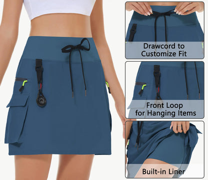 Women's Hiking Cargo Skort Skirt High Waisted Golf Dressy Casual with Zipper Pockets Workout Sport Quick Dry Skirts Navy Blue X-Small